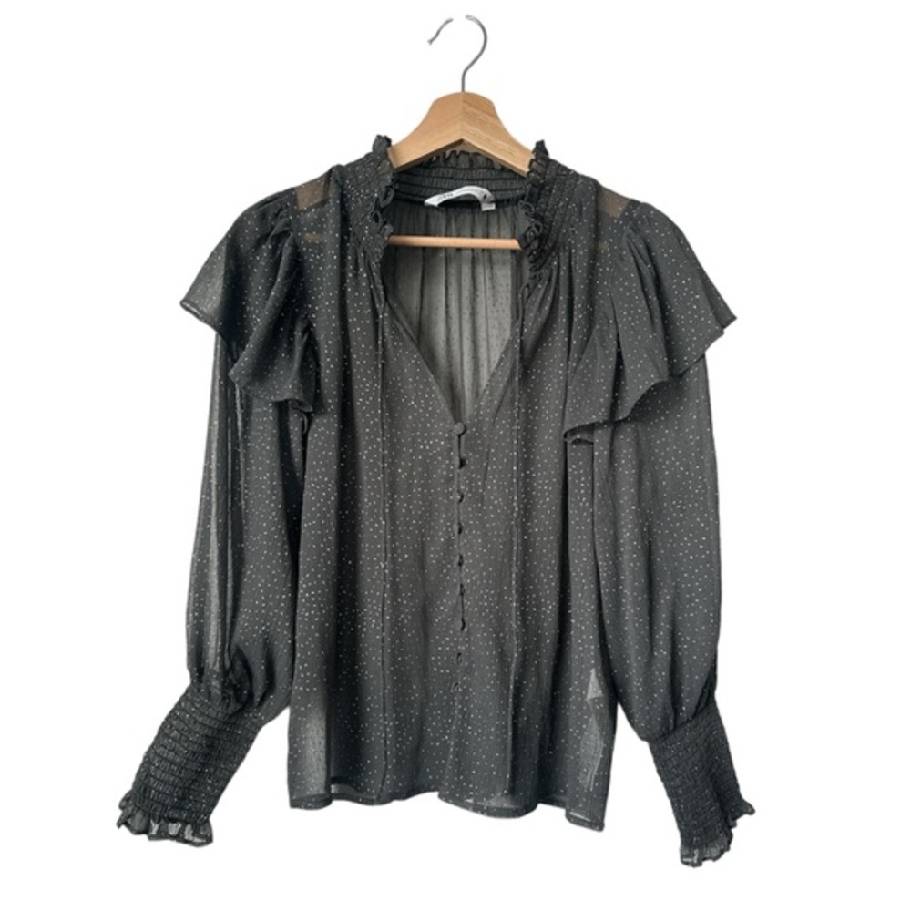 Zara Grey metallic Polka dot Sheer long sleeve blouse Size Small‎